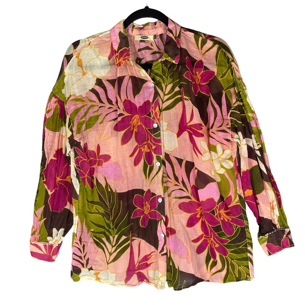 Dolma Tropical Floral Button Down Women L Pink Very Good Semi Sheer Cotton Shirt
